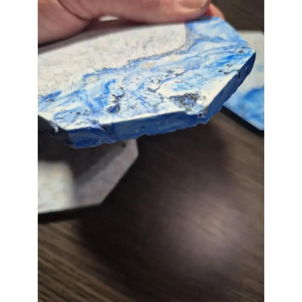 4 White/Blue/Gray Marbled Eco Resin Stone Look Hexagon Coasters 3 5/8” Handmade